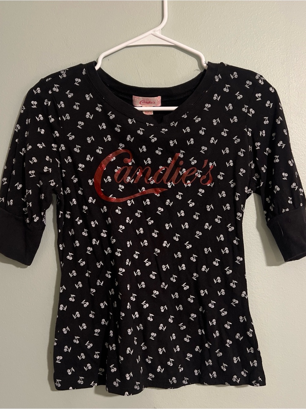 Candies Black 3/4 Sleeve Cherry logo Top Mall Core Cyber Girl Vintage Y2K size S